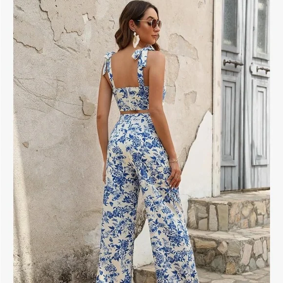 NWOT Floral Blue and White Women's Jumpsuit - Picture 2 of 7